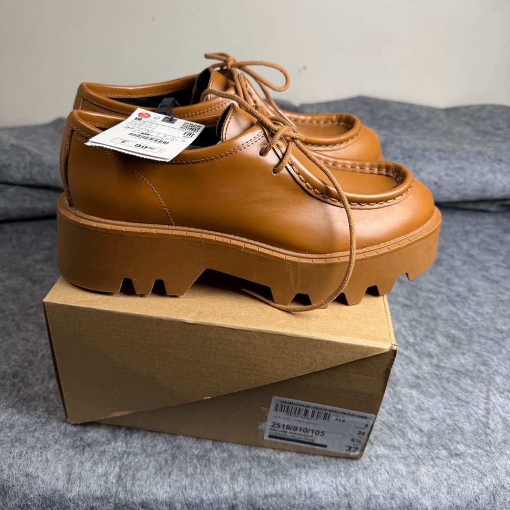 Zara Leather Platform Loafers Flat Lug Sole Brown Genuine Leather Sz 37 6.5 $90